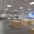 Modern Exhibition Hall With White Display Tables Wooden Legs Large Screen And Bright Lighting