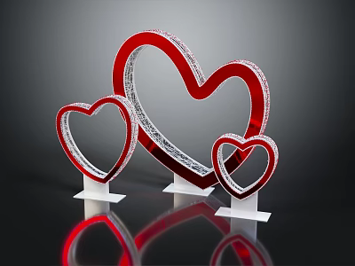 Three Piece Red Heart Shaped Decorative Ornament Set With Silver Borders And White Stands 3d model