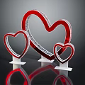 Three Piece Red Heart Shaped Decorative Ornament Set With Silver Borders And White Stands