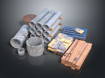 Various Construction Materials Display Featuring Concrete Pipes Wooden Crates And Timber Planks 3d model