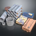 Various Construction Materials Display Featuring Concrete Pipes Wooden Crates And Timber Planks
