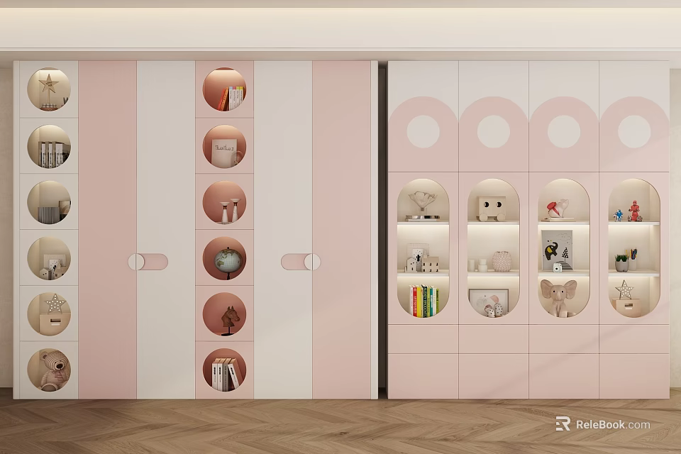 Modern Pastel Pink And White Wardrobe With Circular Cutouts Storage Shelves And Decorative Items 3d model 