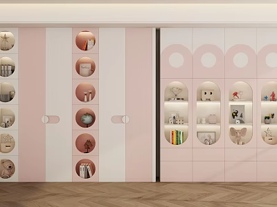 Modern Pastel Pink And White Wardrobe With Circular Cutouts Storage Shelves And Decorative Items 3d model
