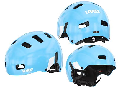 Blue uvex helmet three different angles view with ventilation vents 3d model