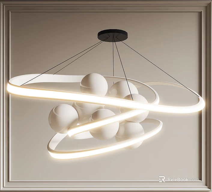 Elegant Modern Chandelier with Curved Light Strips and White Spheres Design 3d model 