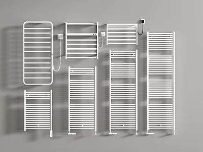 White Towel Racks Of Different Designs Mounted On Gray Wall 3d model