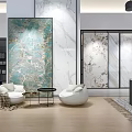 Modern Interior Showroom With Large Decorative Paintings Marble Panels White Armchairs And Pendant Lights