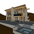 Traditional Architecture With Two Story Wooden Structure Glass Doors And Stone Walls