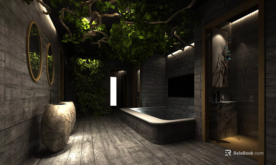 Modern SPA Sauna Interior With Natural Greenery Round Mirrors Stone Bathtub And Wooden Floor 3d model 