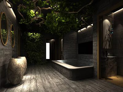 Modern SPA Sauna Interior With Natural Greenery Round Mirrors Stone Bathtub And Wooden Floor 3d model