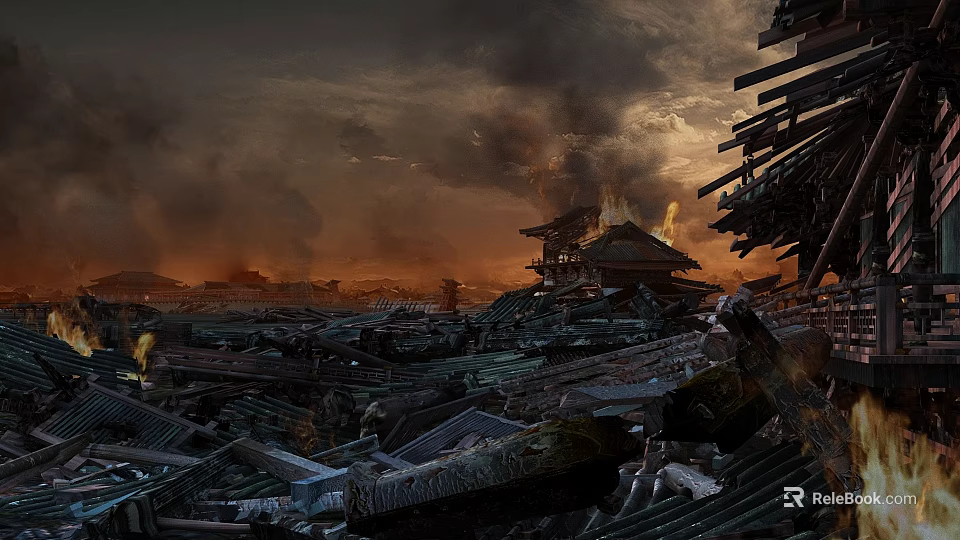 Ancient Scene Of Collapsed Buildings With Burning Structures And Smoke Filled Sky 3d model 