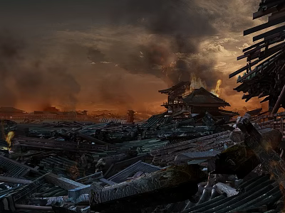 Ancient Scene Of Collapsed Buildings With Burning Structures And Smoke Filled Sky 3d model