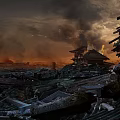 Ancient Scene Of Collapsed Buildings With Burning Structures And Smoke Filled Sky