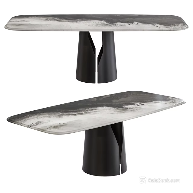 Modern Minimalist Dining Table With Black And White Veined Marble Top And Black Metal Base 3d model 