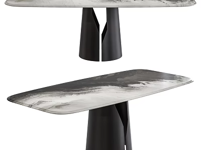 Modern Minimalist Dining Table With Black And White Veined Marble Top And Black Metal Base 3d model