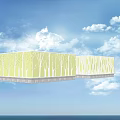 Modern Decorative Fence with Tree and Geometric Patterns Against Blue Sky and Sea