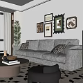 Modern Living Room Interior With Brown Leather Sofa Framed Artworks Green Plant And Geometric Rug