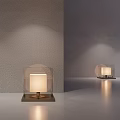 Square Table Lamp With White Lampshade Dark Base On Light Colored Tabletop Gray Wall
