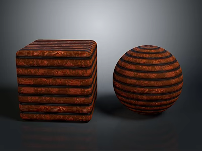 Artistic Wooden Striped Sculptures with Cube and Sphere Carved Patterns 3d model