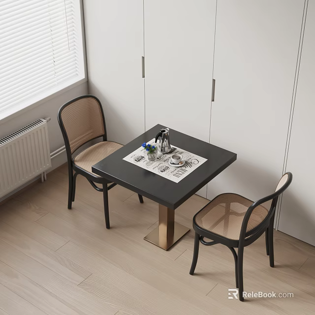 Black Dining Table Set with Rattan Chairs Placemat Vase Cups and White Cabinets 3d model 