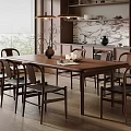 Modern Restaurant Interior With Long Wooden Dining Table Black Chairs And Open Kitchen 3d model