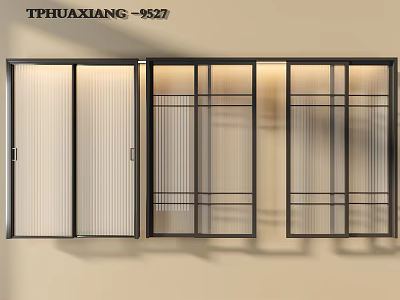 Modern Interior Sliding Doors With Glass Panels And Vertical Metal Grille Design 3d model