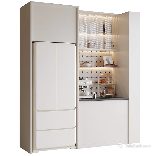 White Refrigerator Freezer In Modern Kitchen With Glass Door Shelves And Coffee Machine 3d model 
