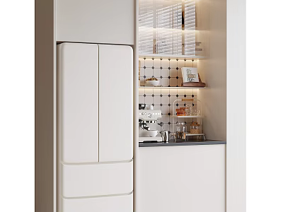 White Refrigerator Freezer In Modern Kitchen With Glass Door Shelves And Coffee Machine 3d model