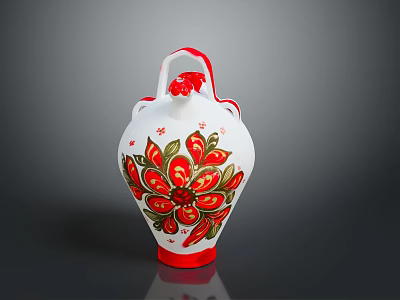 White Vase With Red Green Floral Patterns Red Handle And Base 3d model
