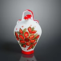 White Vase With Red Green Floral Patterns Red Handle And Base