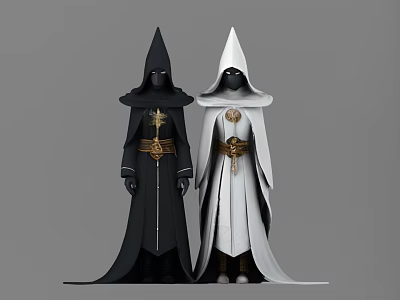 Game Movie Characters With Hooded Black And White Cloaks And Golden Belts 3d model
