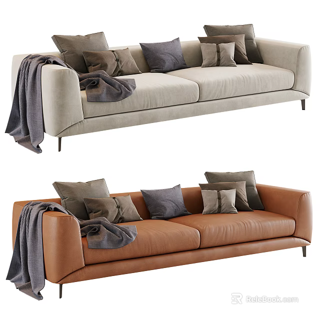 Light Gray And Brown Two Seater Sofa With Pillows And Throw Blanket 3d model