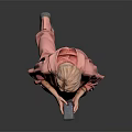 Woman In Pink Hoodie And Pants Holding Phone Against Gray Background With Black Floor Reflection