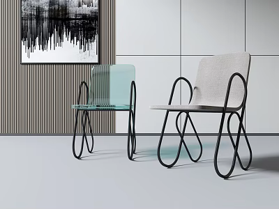Modern Leisure Accent Chairs With Clear Glass Light Fabric Black Metal Frame And Abstract Painting 3d model