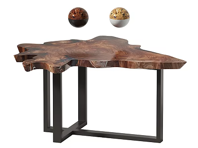 Natural Wooden Coffee Table with Unique Irregular Shape Black Metal Frame Legs and Decorative Spheres 3d model