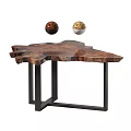 Natural Wooden Coffee Table with Unique Irregular Shape Black Metal Frame Legs and Decorative Spheres