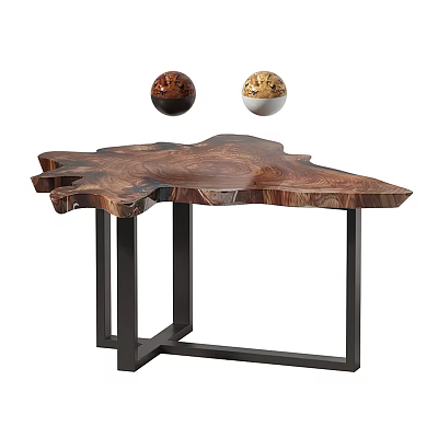 Natural Wooden Coffee Table with Unique Irregular Shape Black Metal Frame Legs and Decorative Spheres 3d model