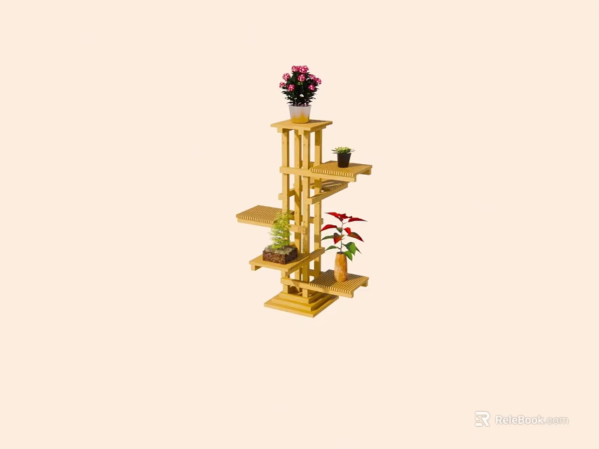 Wooden Multi Tier Plant Stand With Various Potted Plants For Indoor Garden 3d model 