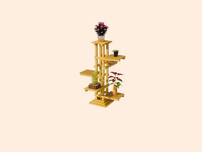 Wooden Multi Tier Plant Stand With Various Potted Plants For Indoor Garden 3d model