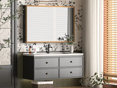 Modern Bathroom Vanity With Framed Mirror Drawers Marble Countertop And Plants 3d model