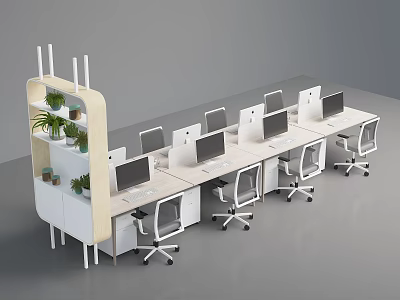 Modern Office Desk Setup With Multiple Computers Ergonomic Chairs And Green Plant Shelves 3d model