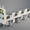 Modern Office Desk Setup With Multiple Computers Ergonomic Chairs And Green Plant Shelves