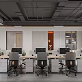 Modern Public Office Area With Open Layout Office Desks Sofa Rug And Floor To Ceiling Windows