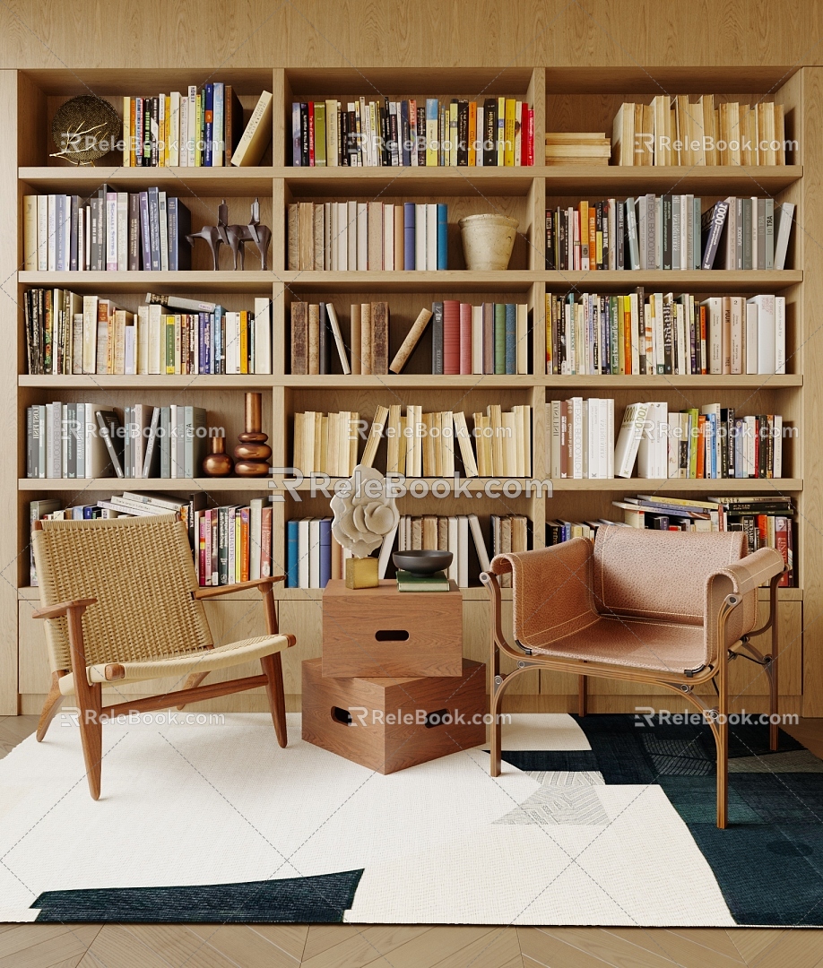 Modern Casual Table and Chair Combination Rattan Leather Single Casual Chair Casual Sofa Book Ornaments Carpet 3d model