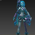 Game Movie Character With Blue Purple Hair Pigtails Punk Style Outfit And Weapon