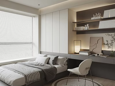 Minimalist Tatami Bedroom Interior With Tatami Bed Window Bookshelf Desk And White Chair 3d model