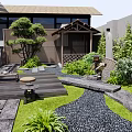 Serene Courtyard Garden With Wooden Deck Green Plants Stone Path And Decorative Stones