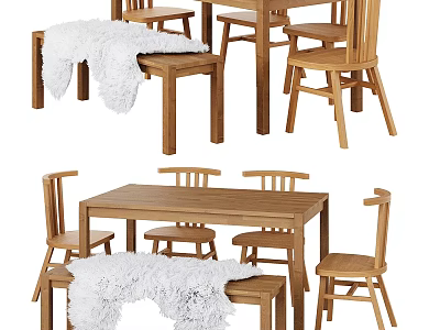 Wooden Dining Table Set With Chairs Bench And White Fluffy Blanket 3d model