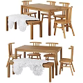 Wooden Dining Table Set With Chairs Bench And White Fluffy Blanket