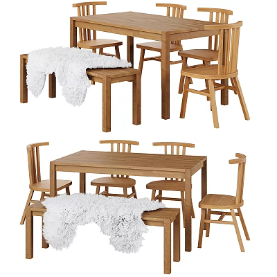 Wooden Dining Table Set With Chairs Bench And White Fluffy Blanket 3d model